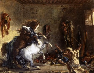 Eugène Delacroix œuvres - Chevaux arabes se battant dans un Stable romantique Eugène Delacroix